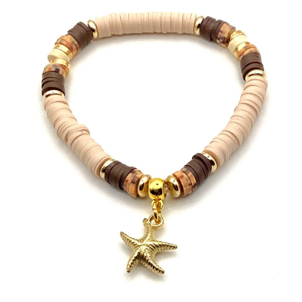 Polymer Clay Heishi and Natural Shell Stretch Bracelet - Sunlit Sands - Handmade - Picture 2 of 4